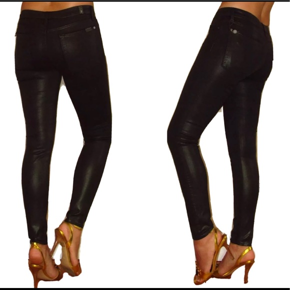 7 For All Mankind Skinny Low Rise Dark Green Coated Leather-look Jeans 24 25 new - Picture 1 of 9